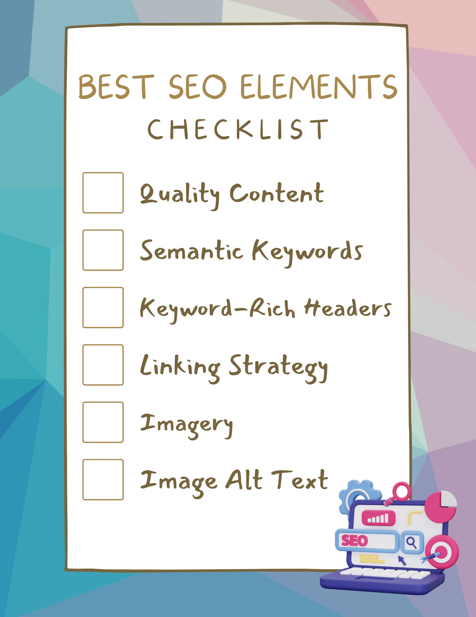 A colorful checklist with all the best SEO elements in the same order as the article